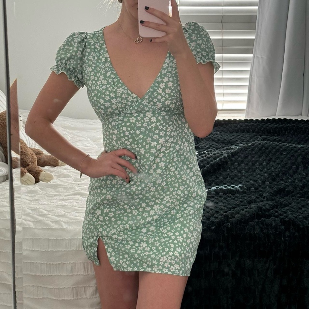 Princess Polly Green Floral Daisy Puff Sleeve Mini Dress - Picture 10 of 16